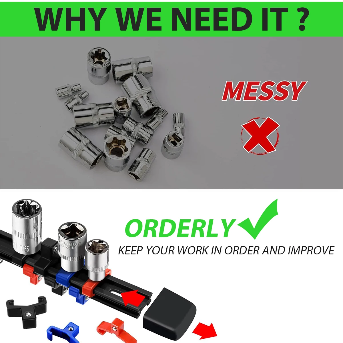 3-Piece Socket Organizer Rail Set,Premium Socket Holder, With 54 Clips 1/4-Inch x 20 Clips,3/8-Inch x 18Clips,1/2-Inch x 16Clips