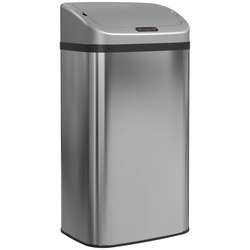 Cubo de basura automático con sensor de 48L para cocina u oficina, diseño en acero inoxidable plateado.