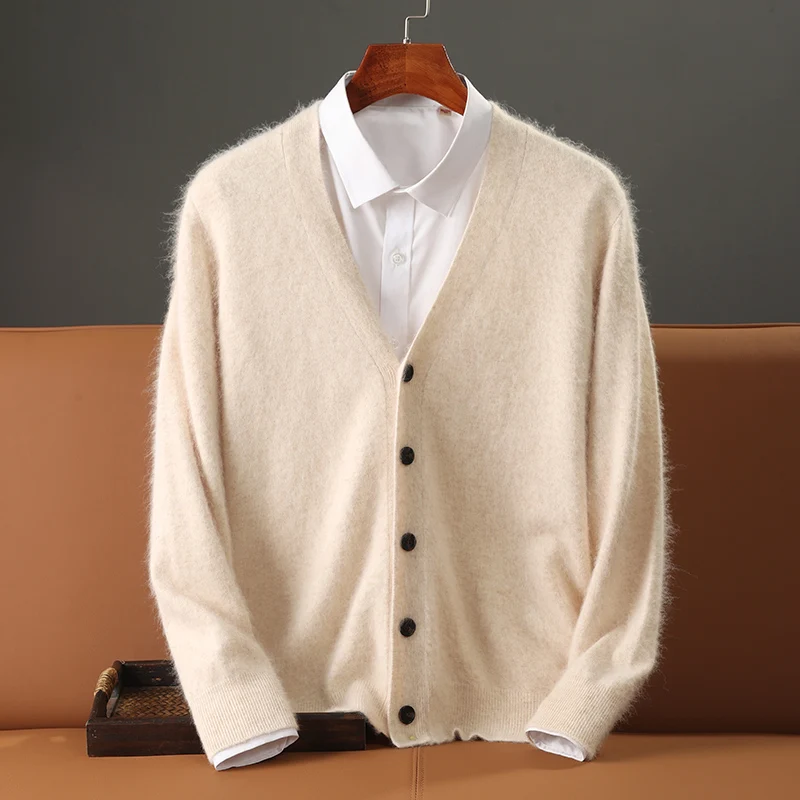 Autumn and Winter New men\'s 100% Mink Cashmere Sweater Knitted V-Neck Jacket Casual Business Long Sleeved Cardigan