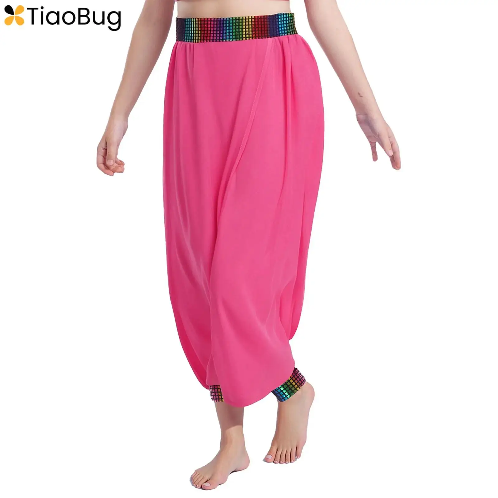 Pantaloni da danza del ventre per ragazze per bambini Pantaloni in chiffon con elastico in vita metallizzato per la competizione di cheerleader di danza jazz per feste di carnevale