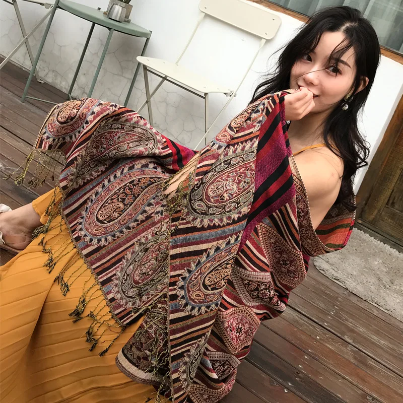 Vintage Ethic Style Shawl Women Cotton Scarf Jacquard Nepal Pashmina Bufanda Femme Classical Tassel Wrap Echarpes Summer Spring