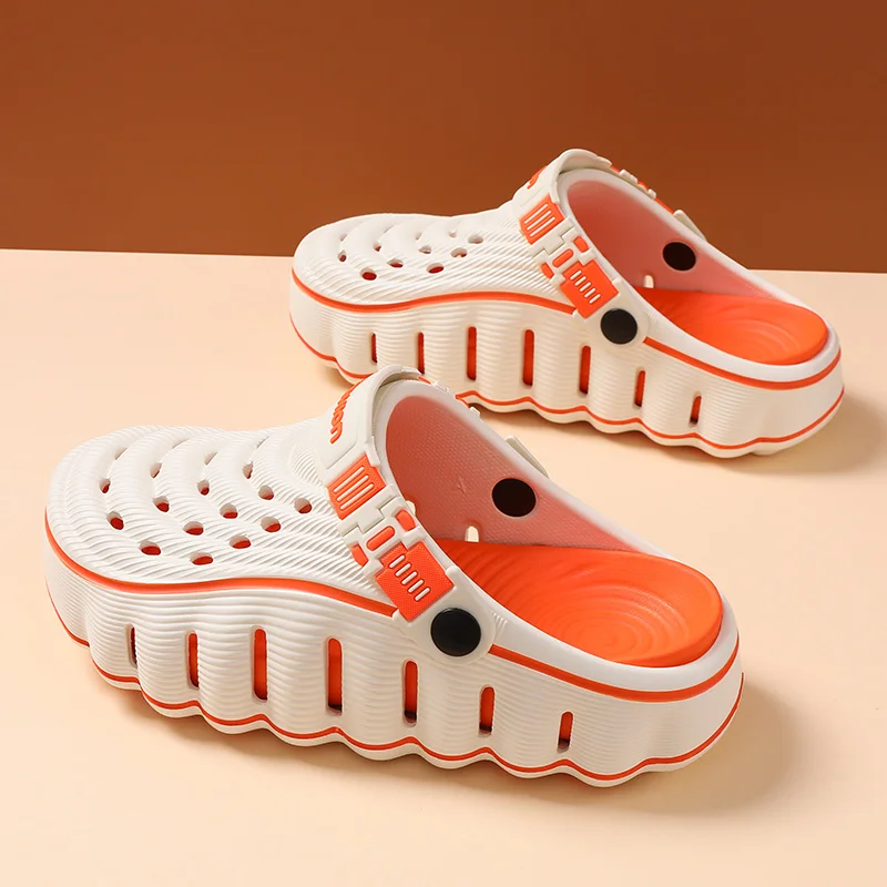 Unisex Chunky Clogs Grooved Platform Sole Wavy Texture Garden Shoes Color Block Piping Breathable Slip On Mules Casual