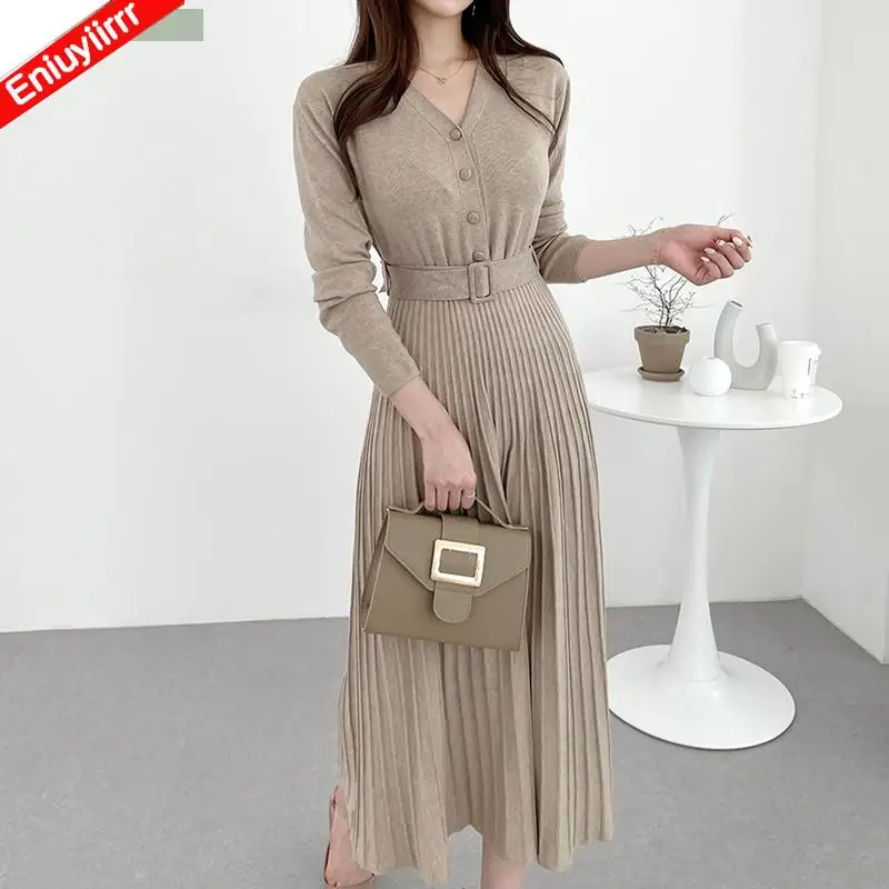 2023 Winter Lente Hot Sales Franse Bloem Ruches Lange Knop Riem Shirt Jurken Vrouwen Vintage Retro Een Lijn Vrouwelijke Vestidos