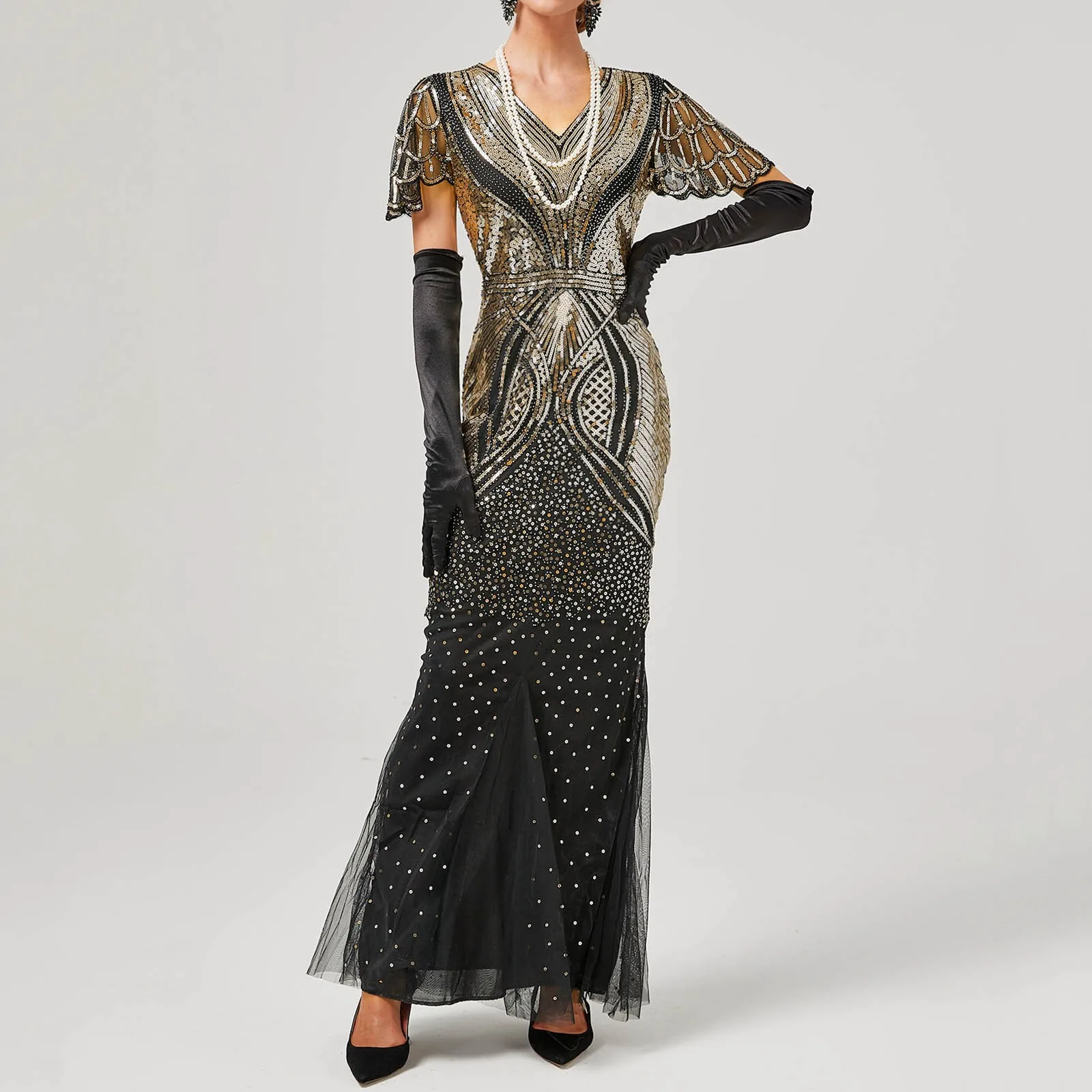 Damen Flapper Kleider 1920er Jahre Pailletten Art Deco Gatsby Cocktailkleid mit Ärmeln Sexy V-Ausschnitt Fransen Kostüm