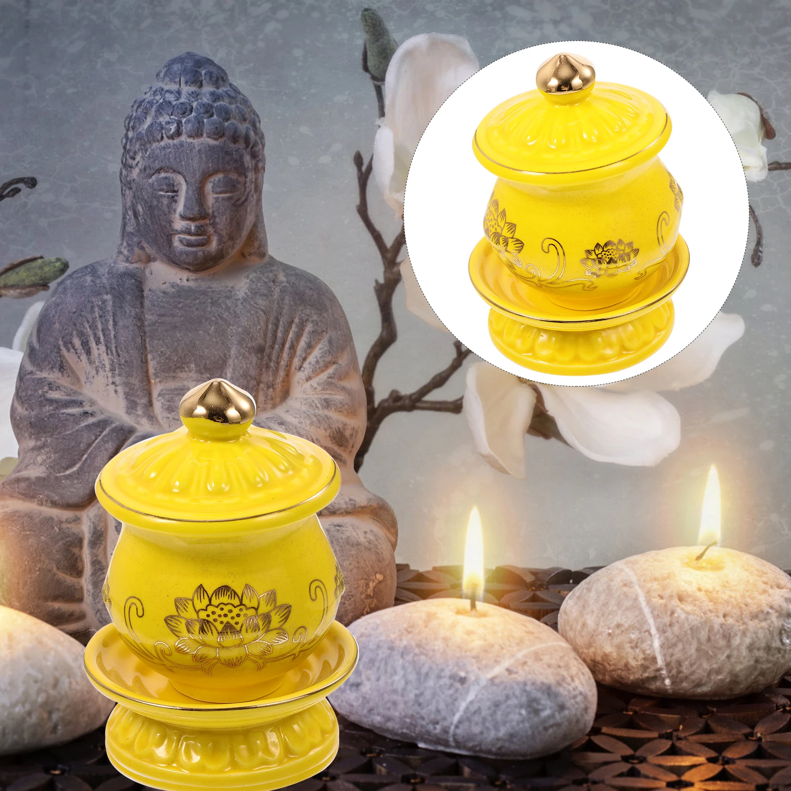 

Lotus Cup Alter Offering Buddha Cups for Decorate Yellow Bowl Ceramic Travel