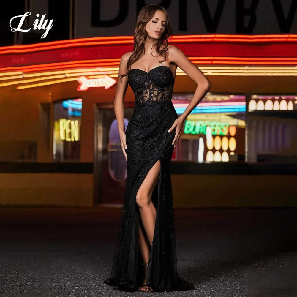 

Lily Black Elegant Formal Gown Sweetheart Sleeveless Fishbone Prom Dress Pleating Appliques High Split Evening Dress Customized