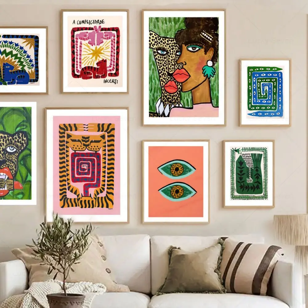 Scandinavian Classic Vintage Ancient Egypt Colorful Abstract Wall Art Woman Tiger Leopard Poster For Living Room Home Decoration