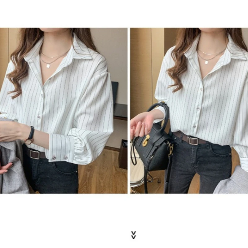 Camicia a righe da donna primavera estate vintage chic allentata manica lunga top da ufficio moda donna casual camicetta con colletto rovesciato