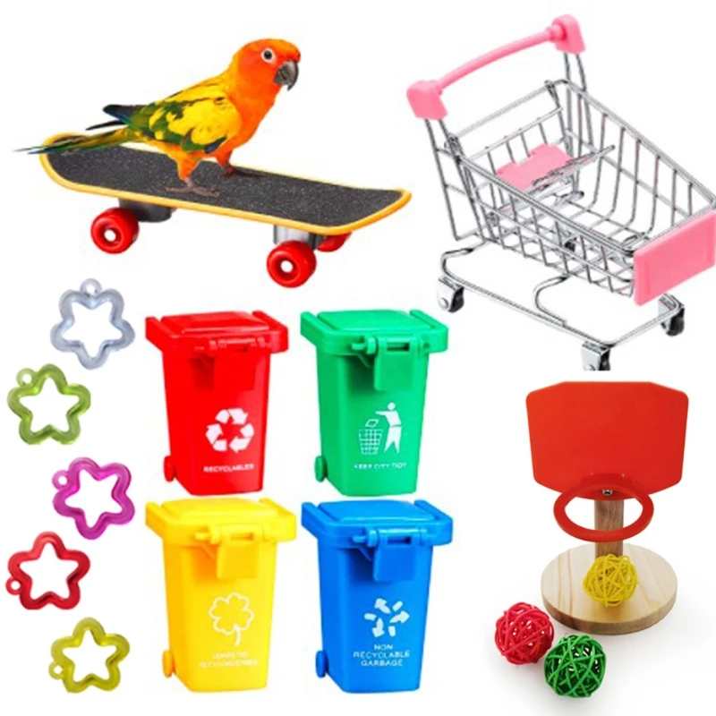 

Bird Training Set Skateboard Garbage Cans Basketball Hoop Toy Mini Shopping Cart Plastic Star for Parrots Playing Dropship