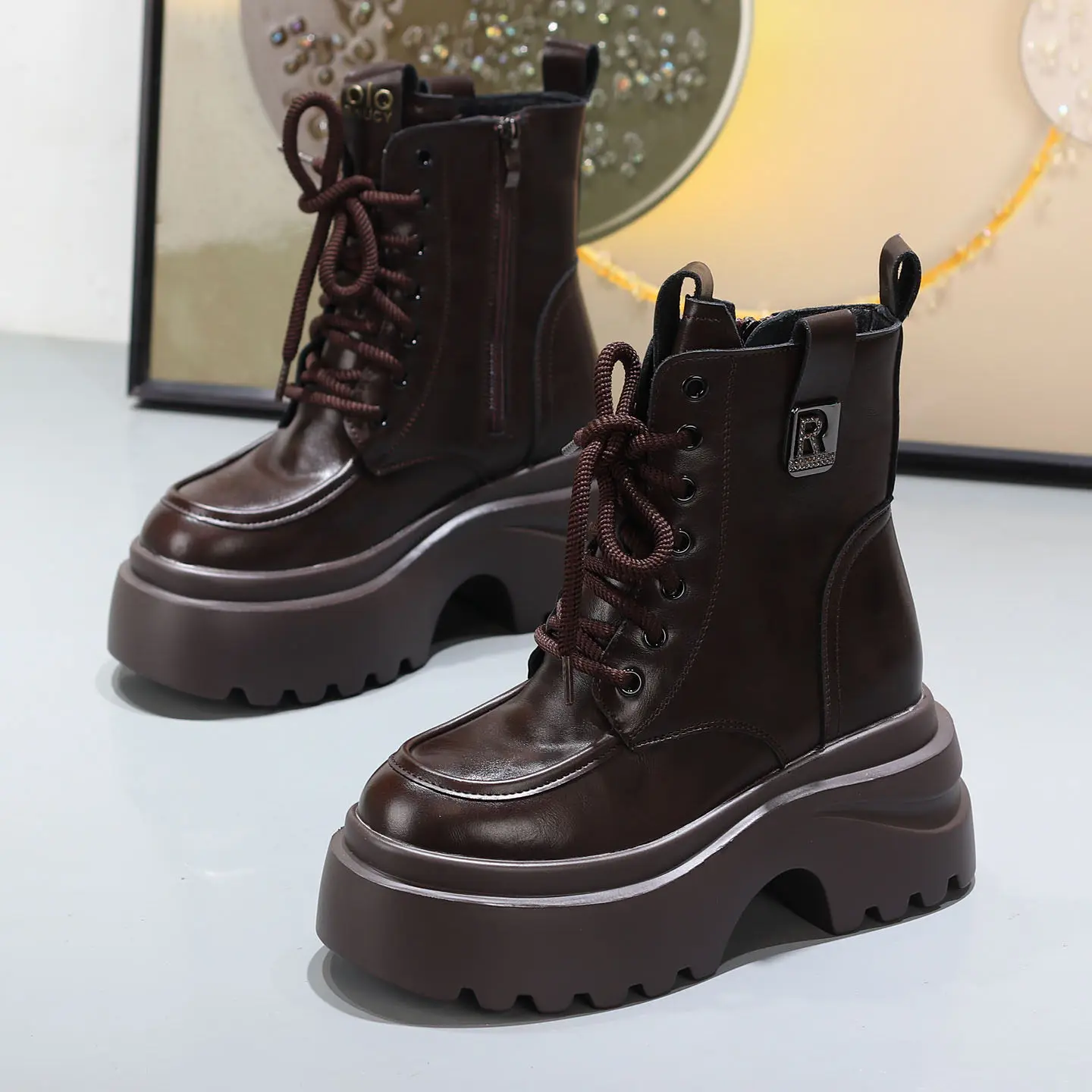 2026 New 10CM High Platform Ankle Boots Women Combat Motorcycle Boots Punk Leather Shoes Woman Thick Soles Warm Fur Snow Boots