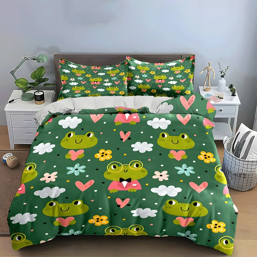 Cute Frog-Themed Pattern Set Exquisite three-piece bedding set gift for kids and adults