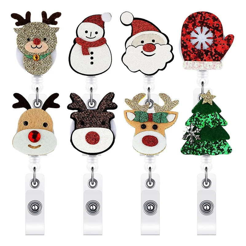 8 Pcs Christmas Badge Reel Retractable Xmas ID Badge Holder Felt Christmas Tree Reindeer Snowman Nurse Name Tag Clip