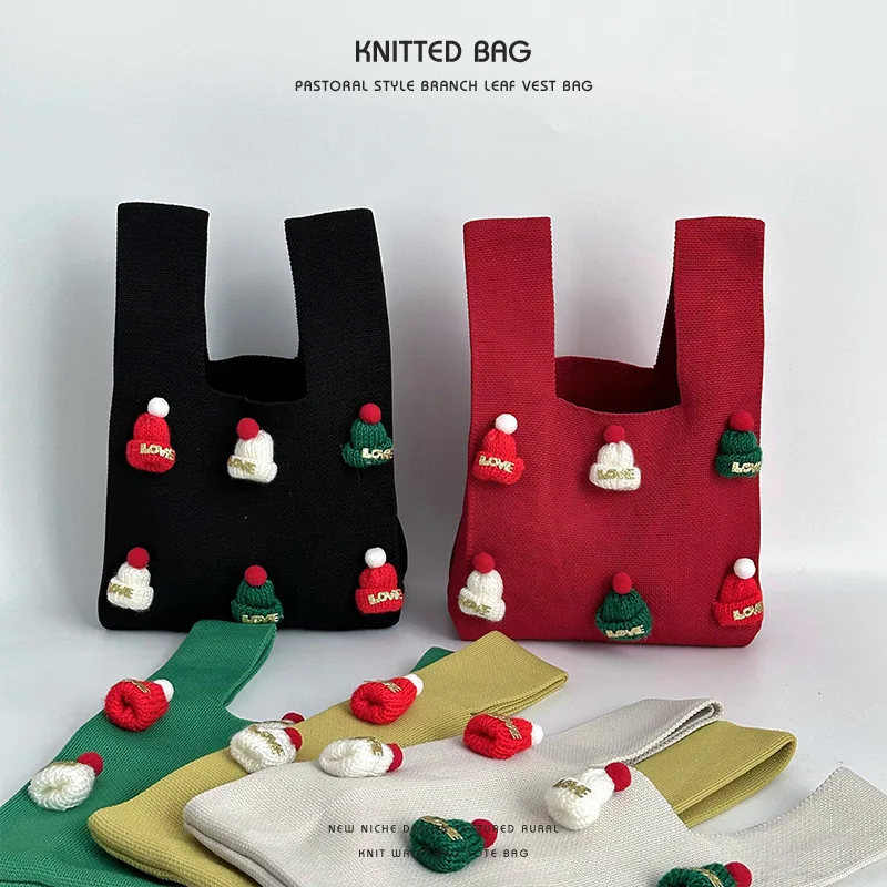 

Women Mini Knot Wrist Bag Small Square Bag For Women 2025 New Handmade Christmas Hat Cute Knitted Wrist Bag Handbag Shopping Bag
