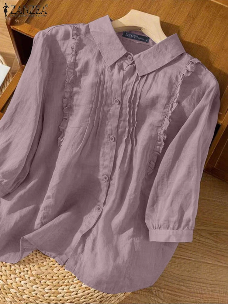

ZANZEA Women Summer Shirts 2025 Tunic Tops Fashion Blouses 3/4 Sleeve Lapel Casual Ruffled Elegant OL Office Lady Blusas Female