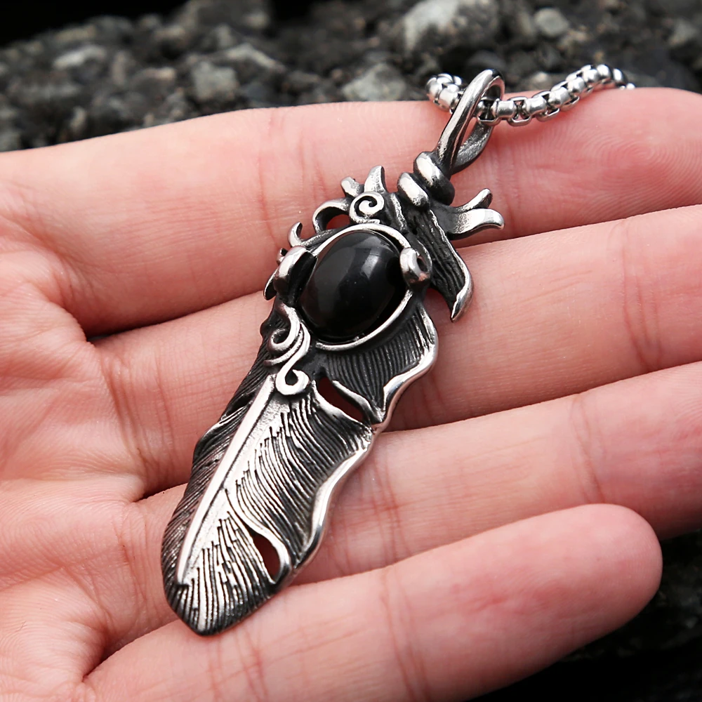 Vintage Stainless Steel Feather Pendant Necklace For Men Women Punk Creative Stone Necklaces Fashion Jewelry Gift Dropshipping