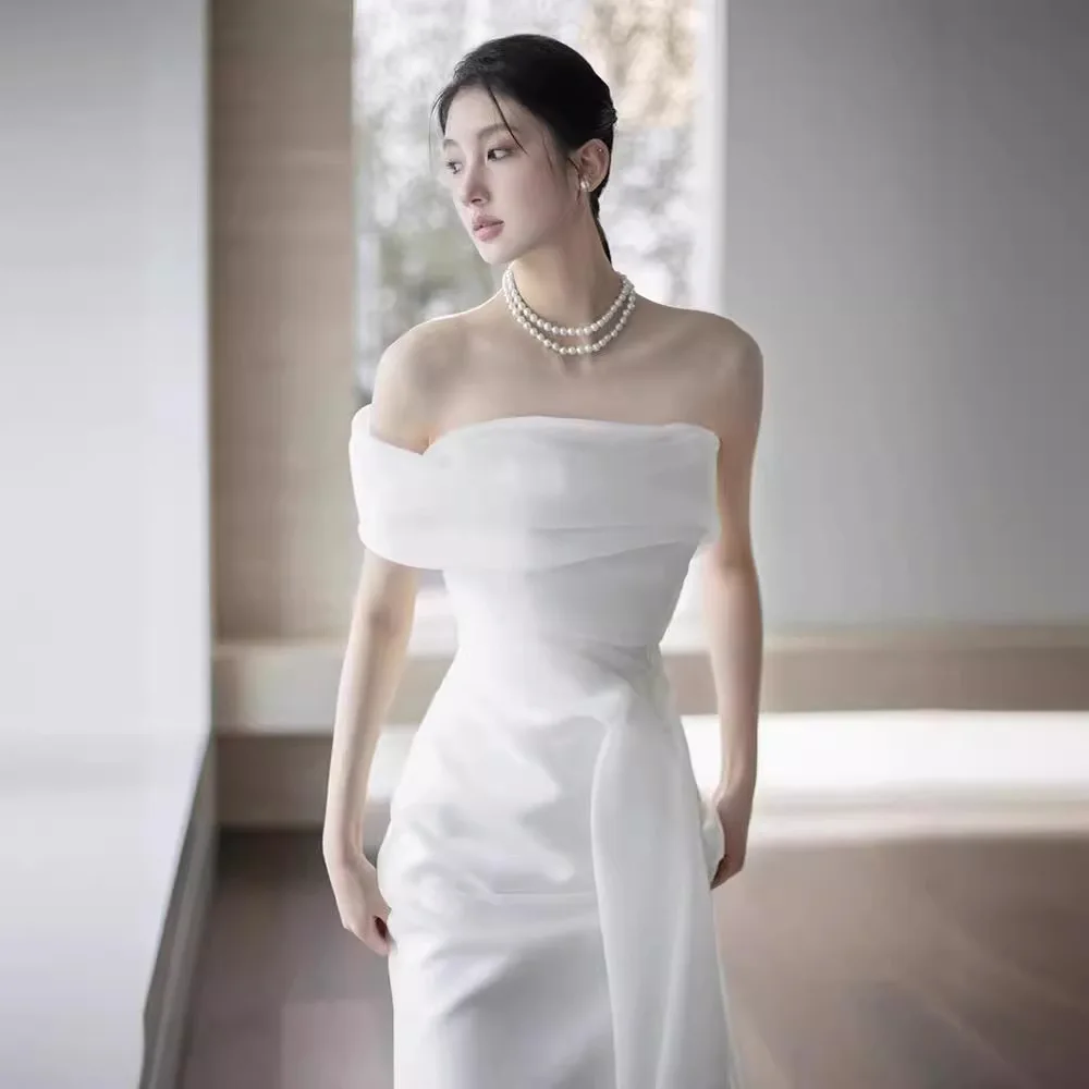 Elegante off-shoulder Korea A-lijn trouwjurken gelaagde organza bruidsjurk aangepaste foto's schieten plooi bruid feestjurk vestido