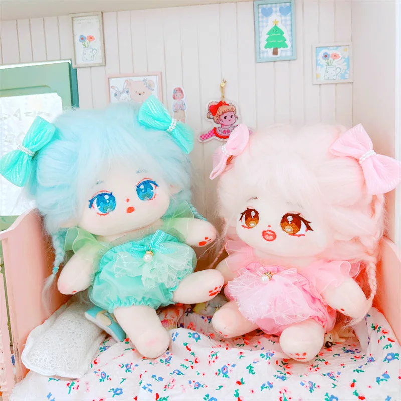 20cm Cute Idol Doll Clothes Kawaii Pink Dress Bow Hairclip Set Cartoon Plush Cotton Naked Doll for Kids Girls Birthday Gifts