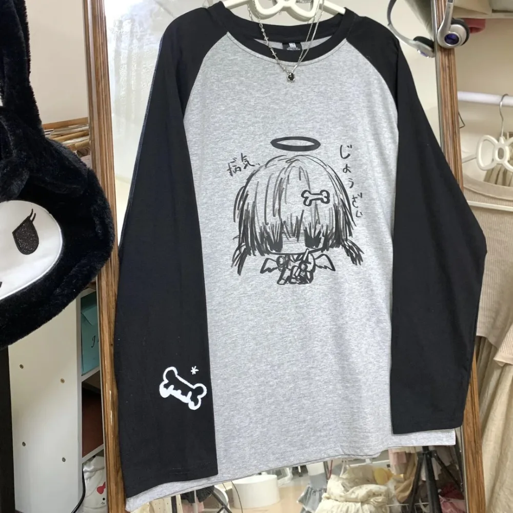 Japanese Cute Anime Angel Girl Color Matching Loose Cute T-shirt Long Raglan Sleeve Pullover Hip Hop Cartoon Y2K Top Loose Goth