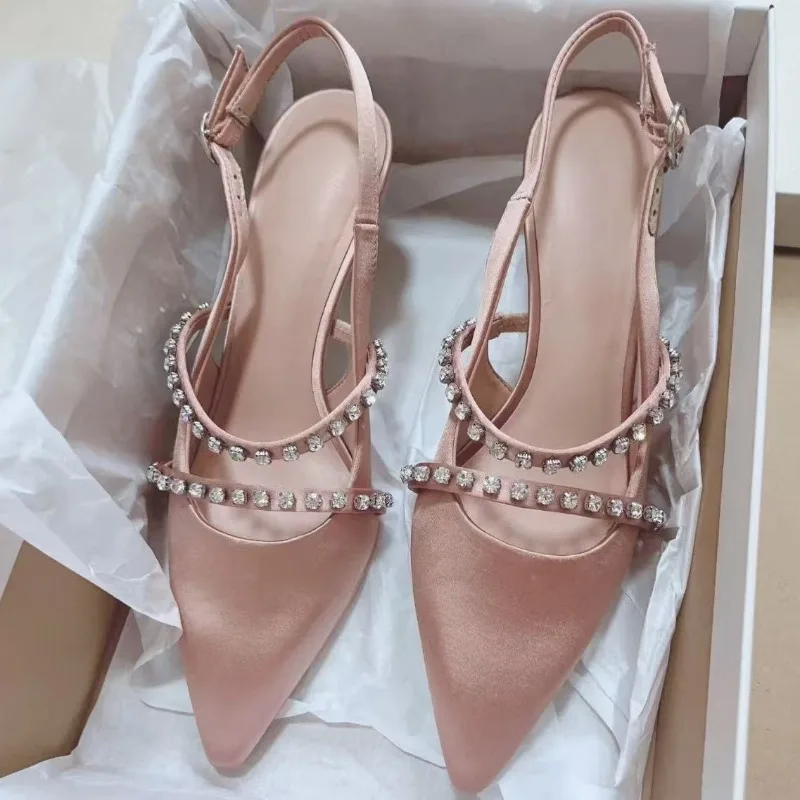 

Fashion Women's Sandals Pink Satin Pointed Toe Rivet Decor High Heels for Women Wedding Dress Shoes for Woman Sandalias De Mujer