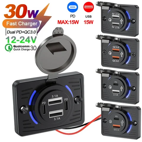 2-4 Ports USB Outlet QC 22.5W PD 30W Type-C Quick Charge & QC3.0 Panel Wall Mount Charger Adapter for Bus ATV Truck