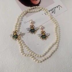 Luxury Crystal Bee Pearl Pendant Necklace Earring Jewelry Set For Women Party