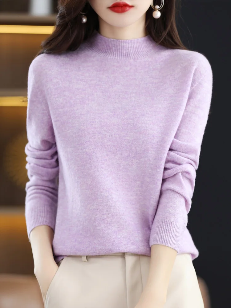 Women Basic 100% Merino Wool Sweater Mock Neck Cashmere Pullover Long Sleeve Autumn Winter Solid Knitwear Female Clothing