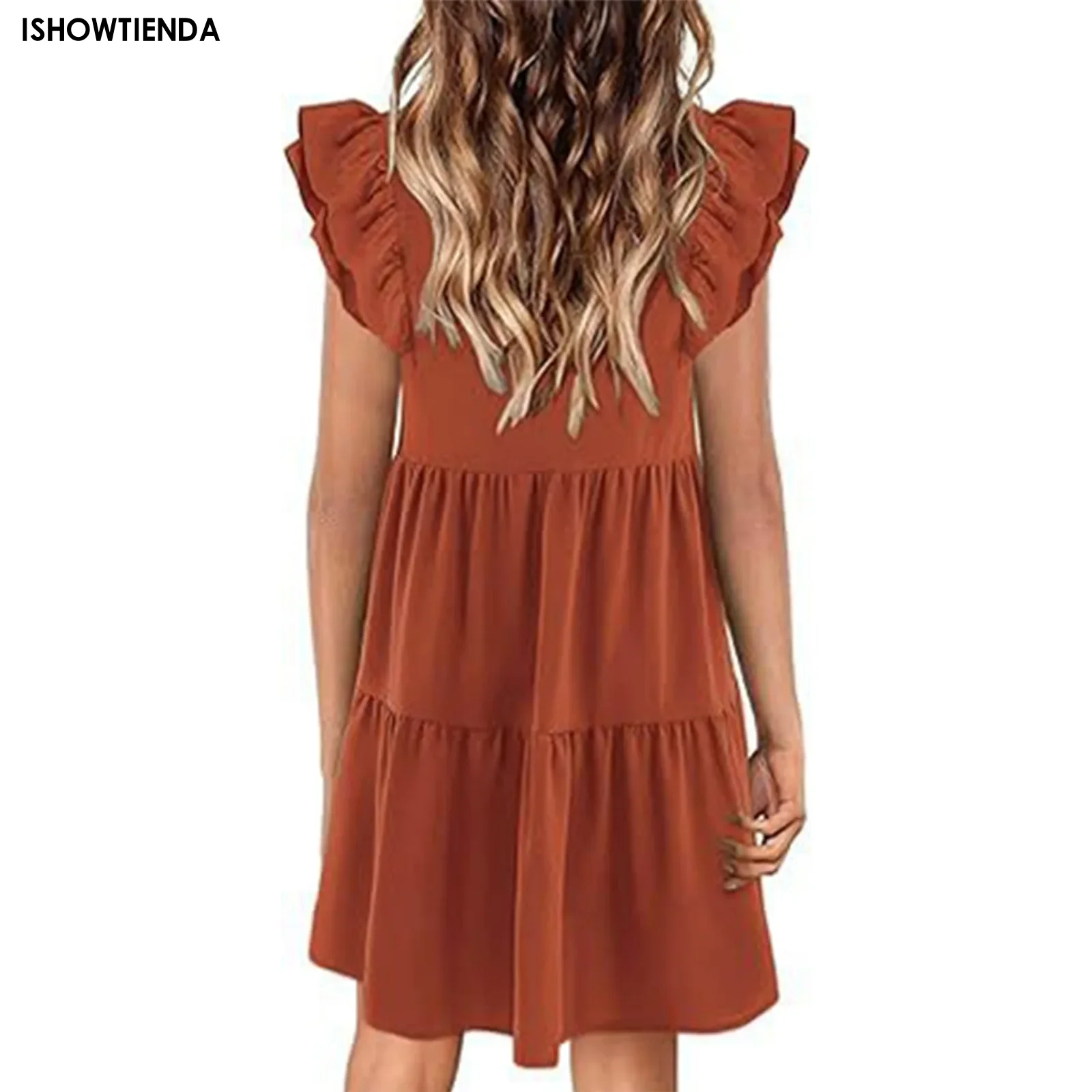 Mini vestido feminino fluindo com mangas de boné dobradas, decote em v, elegante, sólido, em camadas, verão, fofo