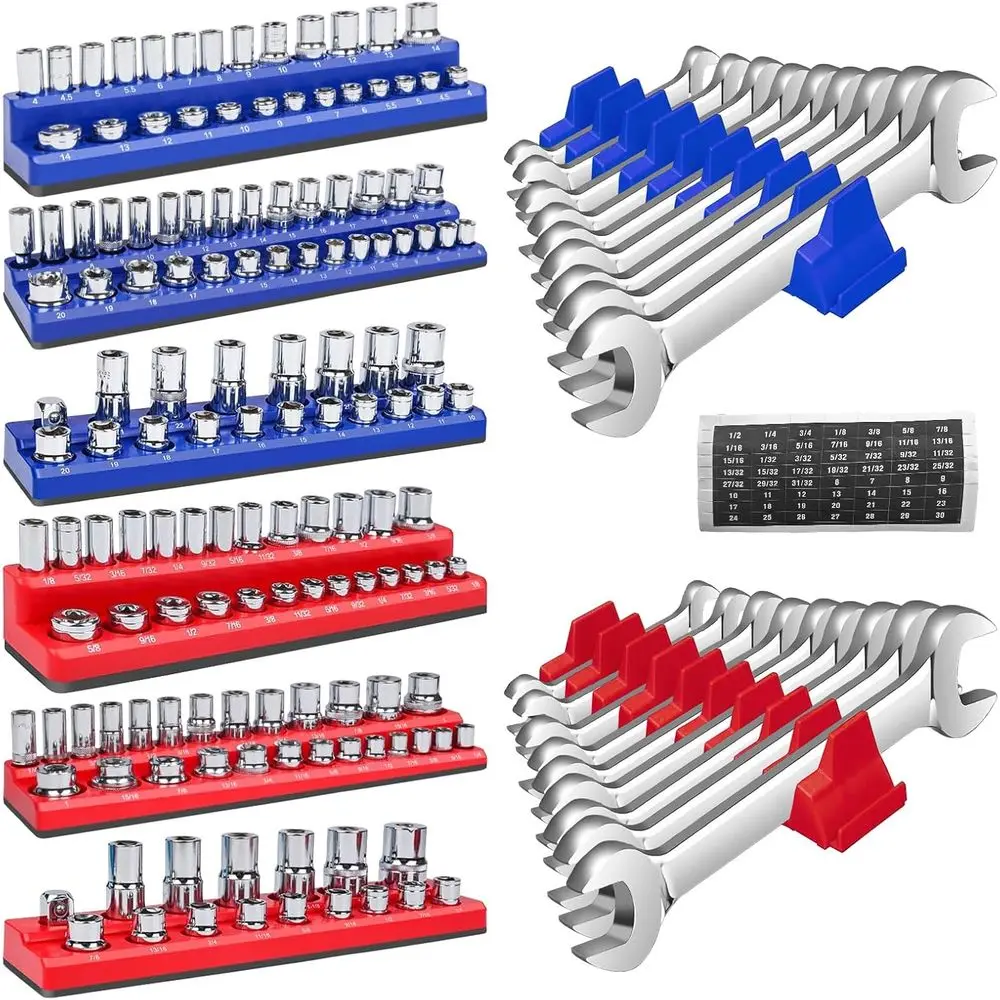 

Magnetic Socket Organizer Set 8Pcs - Wrench and Socket Holder for 1/4, 3/8, 1/2 Drive Tool Box Storage with Strong Magnet, Tool