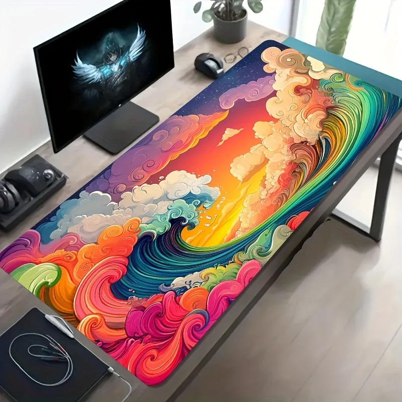 Brand Extra Large Iron Art Gaming Mouse Pad Non Slip Rubber Base Waterproof Oversized Desk Mat Wave Cloud Pattern Durable Laptop