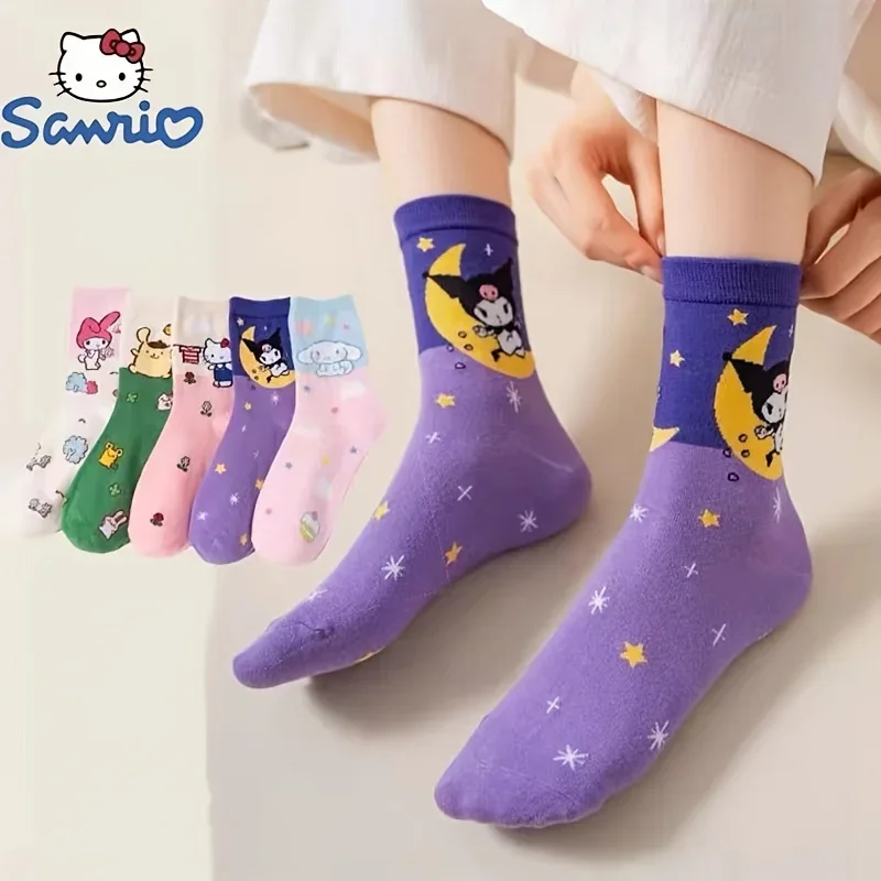 

5pairs Y2K Kuromi Hello Kitty Socks for Girls Medium Kawaii Sanrio Accessories Socks Blue Pink Green Sock Women Female