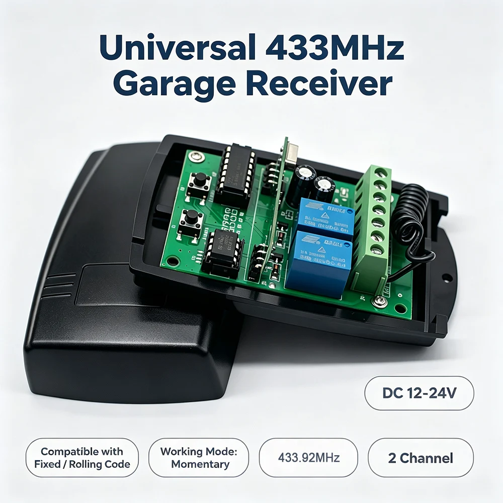 433MHz Universelle Garagentor-Fernbedienung, Toröffner-Empfänger, 2-Kanal-Multimarken-Controller für Festcode und Rolling Code