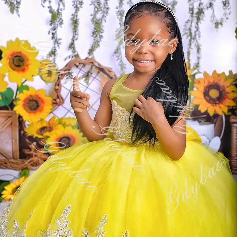 Yellow Flower Girl Dresses Kids Sheer Neck Tiered Tulle Lace Princess Pageant Dress Toddlers First Communion Wedding Party Gowns