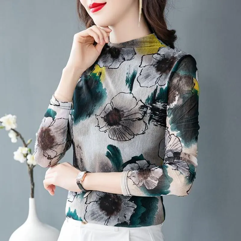 Stylish Casual Floral Printed Contrasting Colors T-shirt Spring Autumn Elegant Slim All-match Female Half High Collar Pullovers