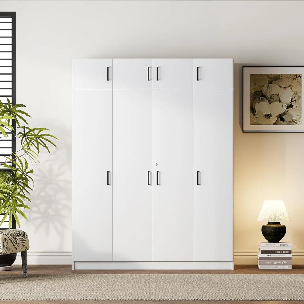 

Modern Wardrobe with 4 Doors and Top Cabinet, 80.8 "H Wooden Wardrobe, Bedroom Wardrobe with Drawers and Hanging Bars