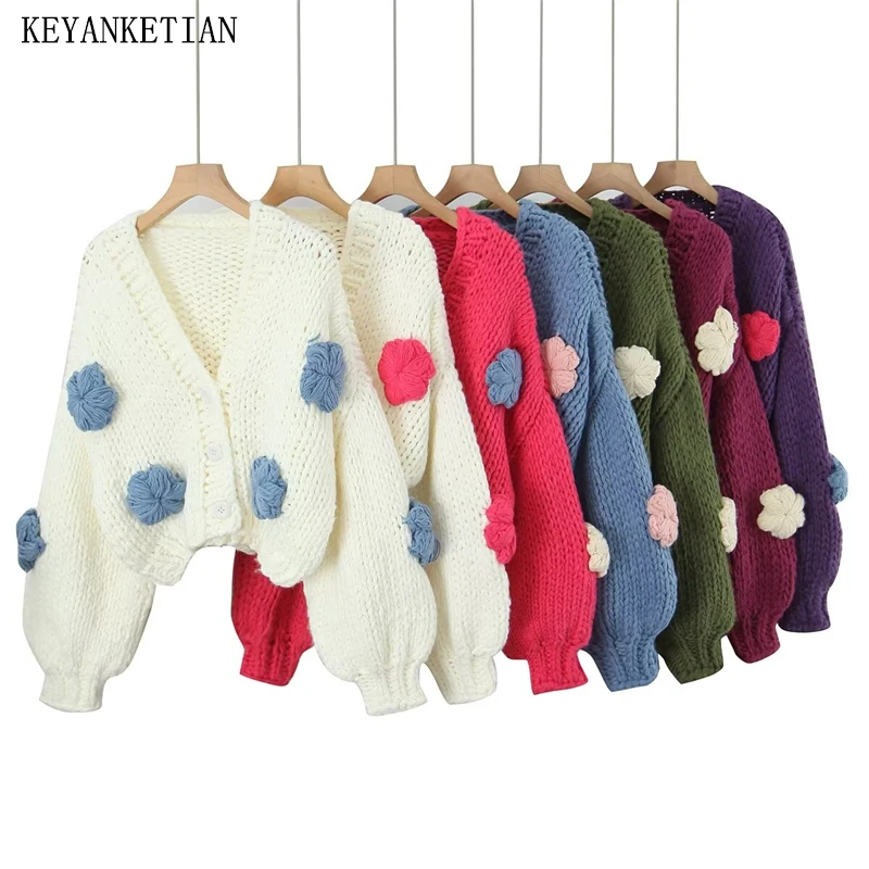 

KEYANKETIAN Autumn/Winter New Women's Hand-Crocheted Flower Decorated Short Sweater Holiday Wind Padded Crop Top Knit Cardigan