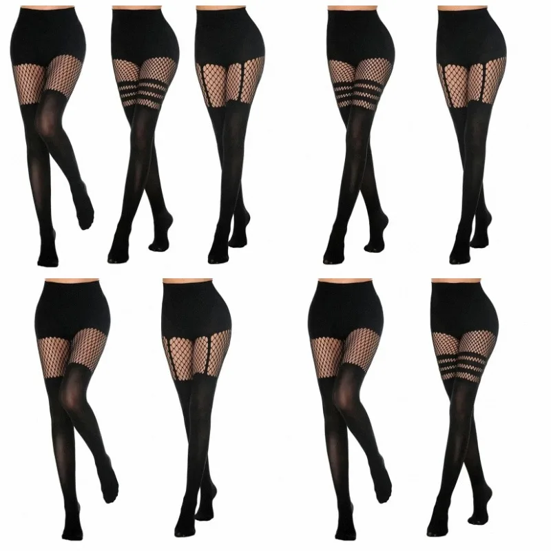 Black Fishnet Pantyhose with Hollow-Out Suspenders Sexy Irregular Splice Web Design Thigh High Lingerie Tights for Women
