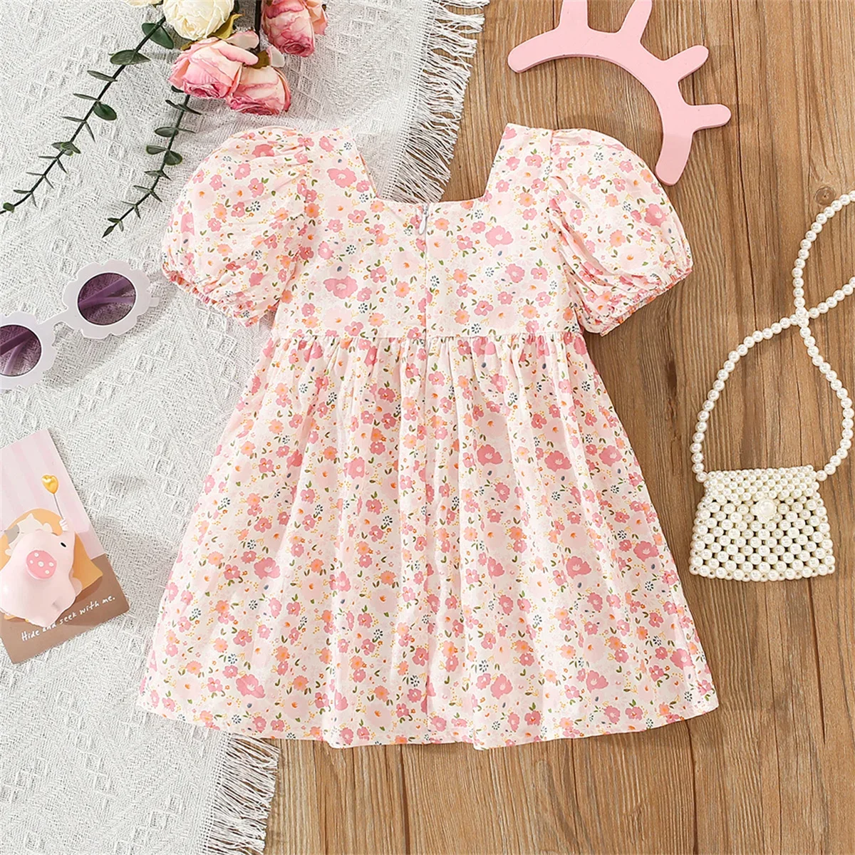 Small Floral Pink Large Bow Baby Dress, New Summer Girl Baby Bubble Sleeve Dress