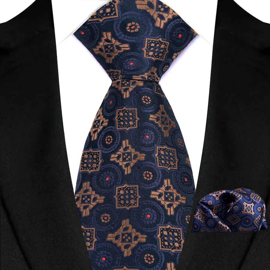 البني البحرية الرجال التعادل شريط بيزلي الأزهار جيب مربع مجموعات رسمية المنسوجة مفيد ربطات العنق الأعمال حفل زفاف مصمم الهدايا