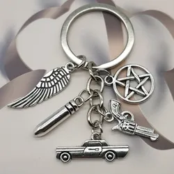 Llavero Supernatural de película de moda, colgante de Dean Sun, anillo de retención, pentagrama Unisex, llavero de Metal