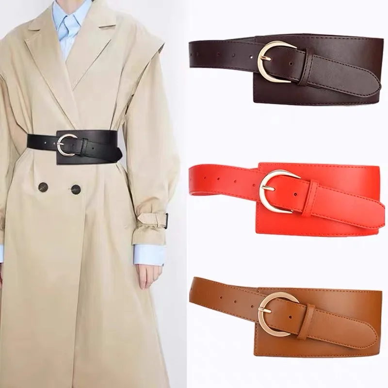 

New Vintage Women Belt Women's Fashion Gold Buckle Sweater Luxury Wide Belt Solid Color Leather Decorative Dress Coat Waistband