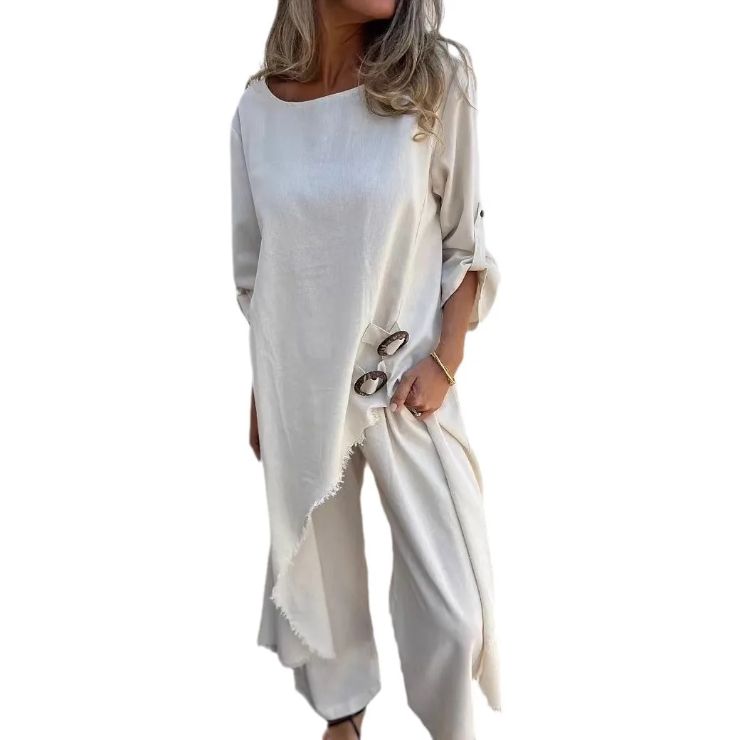 Vrouwen broek set tweedelige set Y2k lange tops pakken volledige mouw ronde hals top onregelmatige losse casual effen wijde pijpen broek