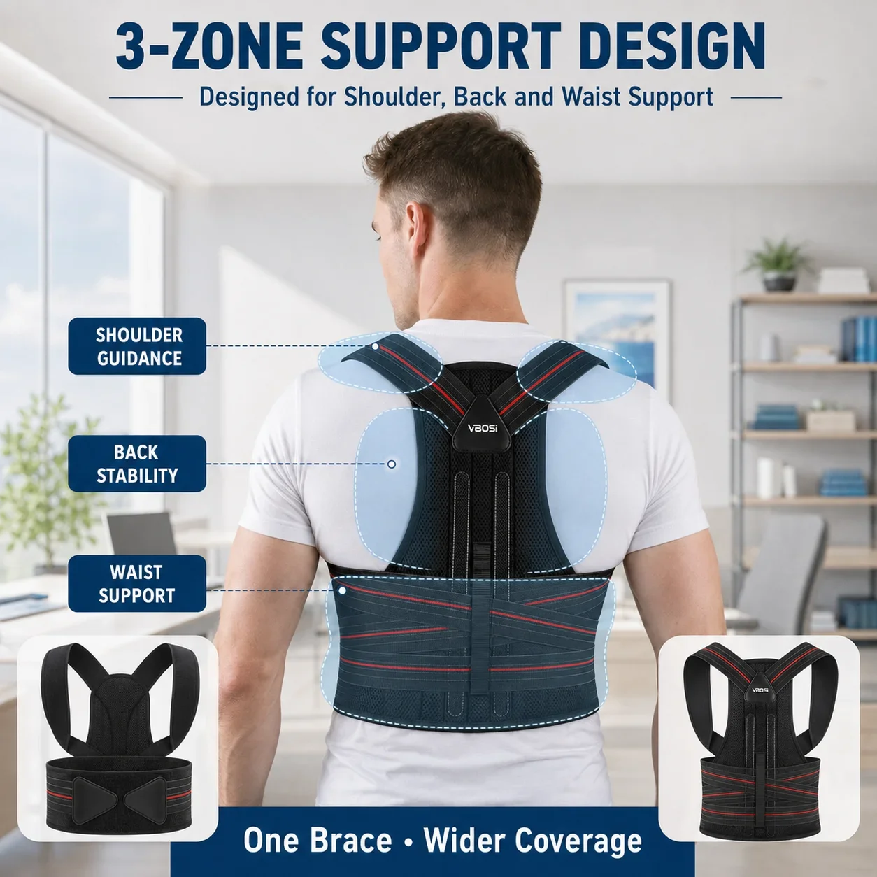 Adjustable Posture Corrector for Men Women Full Back Support Brace 4 Metal Stays Breathable Shoulder Lumbar Belt for Office Home