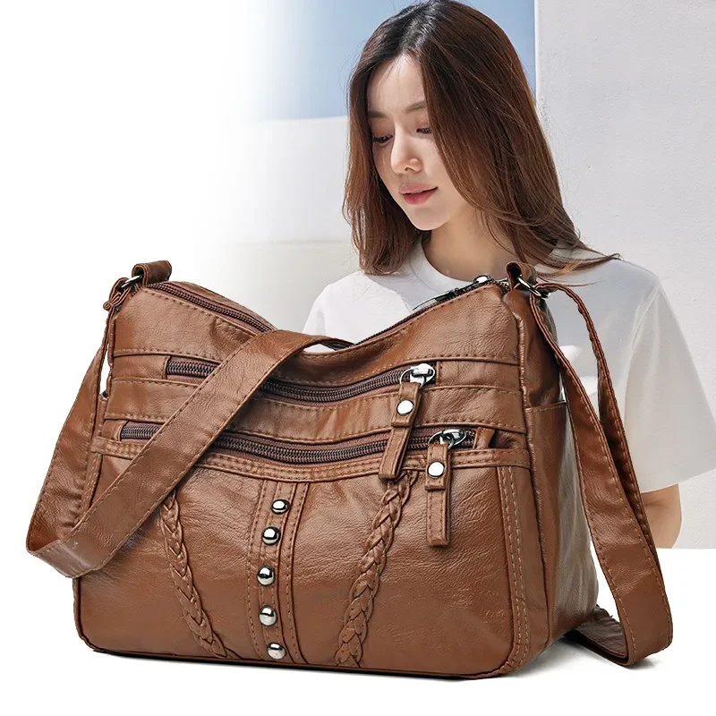 Washed Leather Texture New Fashion Trend Large Capacity PU Shoulder Crossbody Simple Middle-aged and Elderly Mother Bag