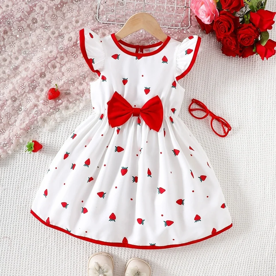 

Summer Girls Dress Floral Print Red Lace Trim & Bow Detail Baby Girl Skirt Casual Wear for Weddings Birthday Outfit 2 3 4 5 6 7