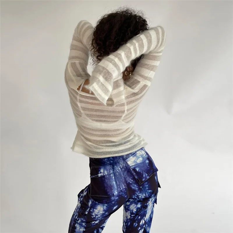 Knitted Sexy Sweater Tops Striped Y2K Fashion Sweatshirts Streetswear 2023 Winter Fall Clothes Women Girls Mesh Sheer Knit Tops