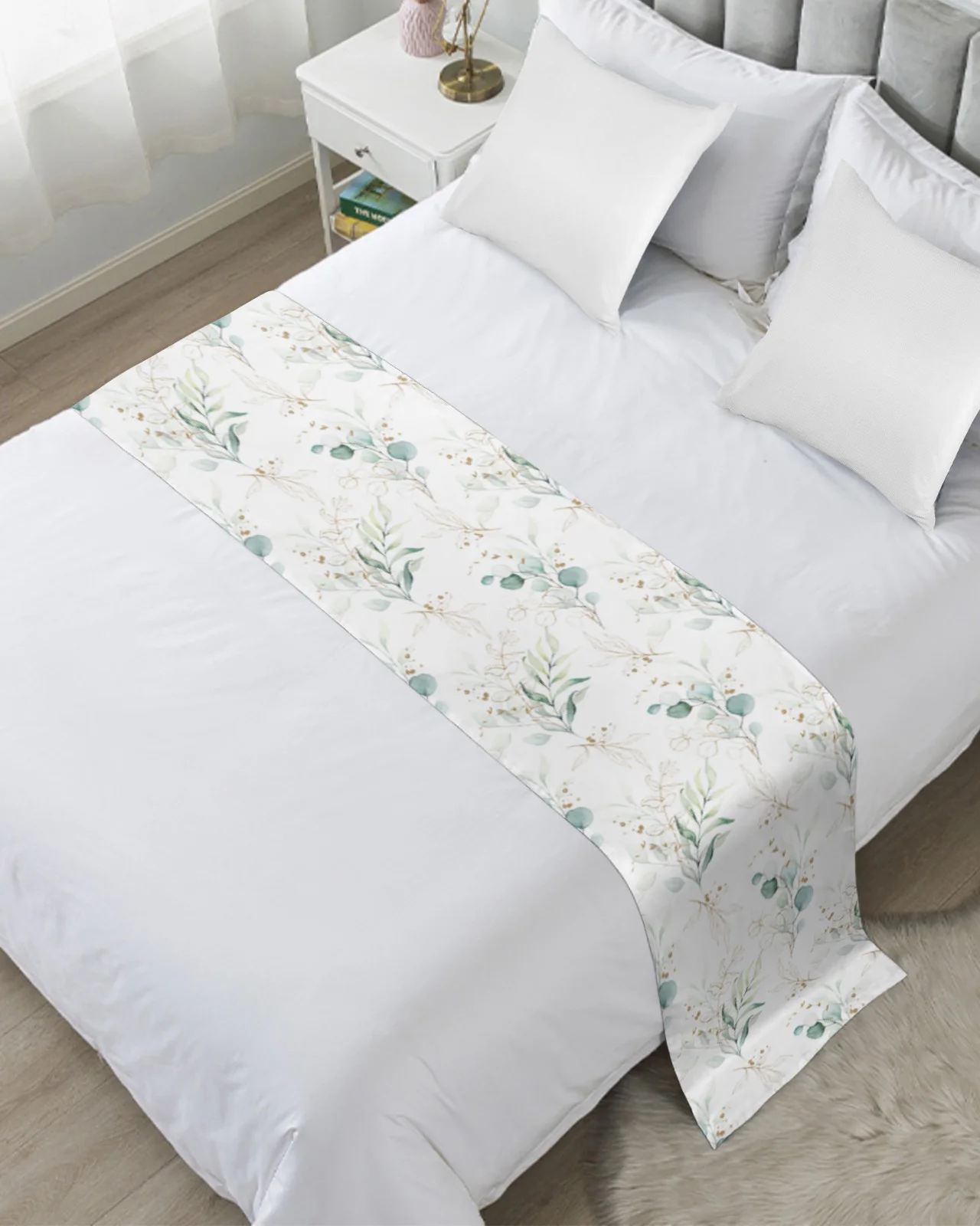 Green Leaf Eucalyptus Plant Bed Runner Home Hotel Decoration Bed Flag Wedding Bedroom Bed Tail Towel