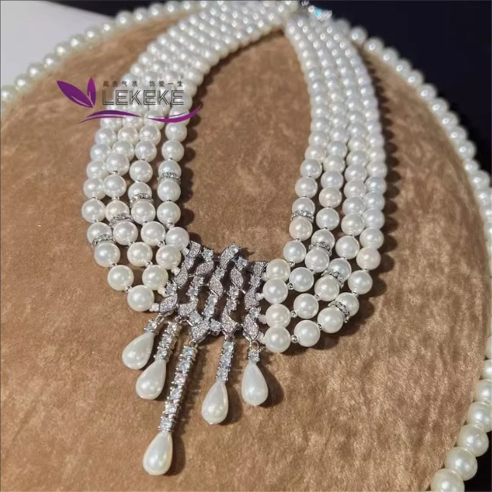 Bridal Retro Brand Same Neckland Round Multi layer Pearl Earrings Necklace Set Wedding Dress Jewelry Accessories