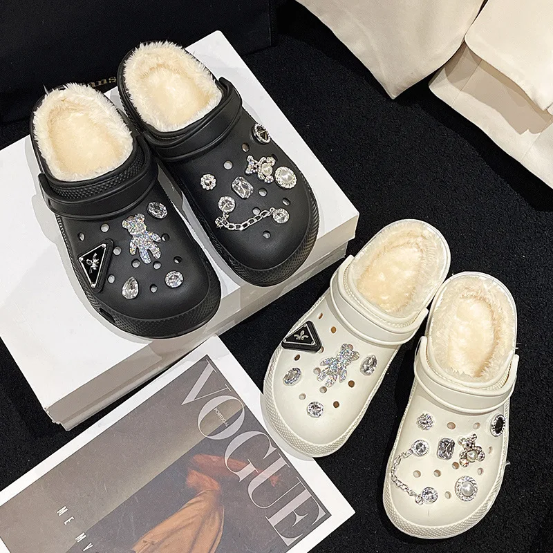 

New padded hole shoes autumn and winter outside wear cute warm cotton slippers ladies fur shoes DIY warm shoes