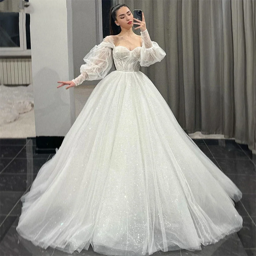 

Shiny Puff Sleeve Wedding Dresses Pleats Tulle A Line Off Shoulder Bridal Gowns Sweetheart Glitter Bride Dress Robe De Mariée