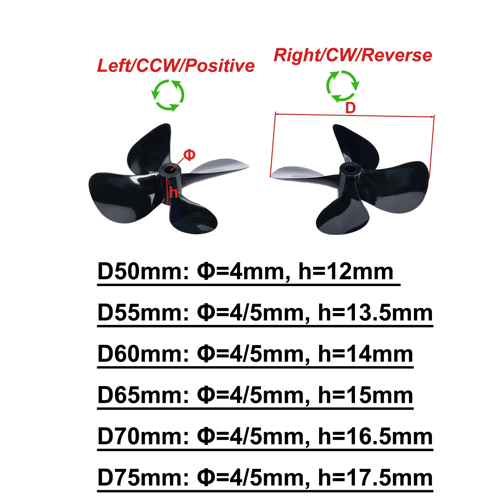 1Pc RC Boat PC Resin Four Blades Propeller Positive/Reverse D50/55/60/65/70/75mm Boat Screw For 4/5mm Boat Shaft